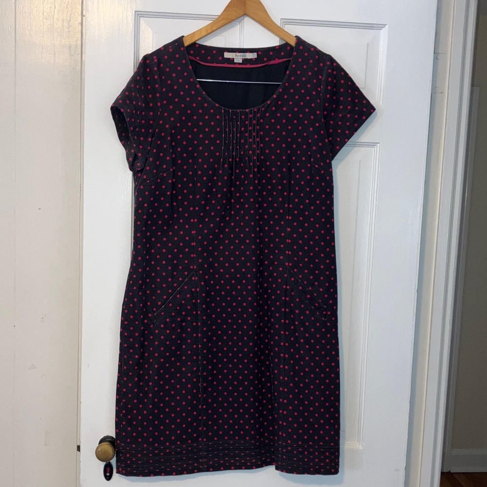 Boden Gray Corduroy Dress with Pink Polka Dots